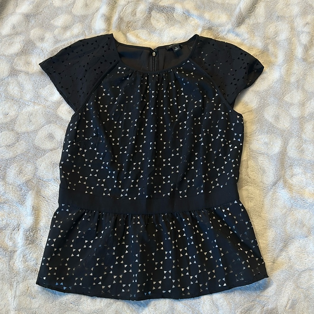 Ann Taylor Black Cap Sleeve Blouse with Pleated Embellishments